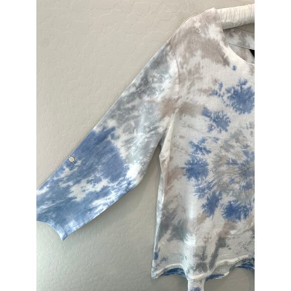 ALI MILES | Tie Dye Linen Cotton White Blue Tiered Back Mesh Hem Tunic | Large - Picture 3 of 7